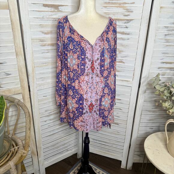 LUCKY BRAND Women's PLUS 3X Floral Print Button Popover Blouse Peasant Top - Picture 4 of 16